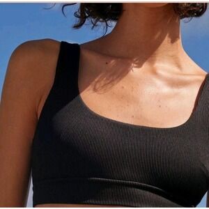 Aerie Ribbed Banded Wide Strap Scoop Women's Bikini‎ Top UPF 50 Black Size L